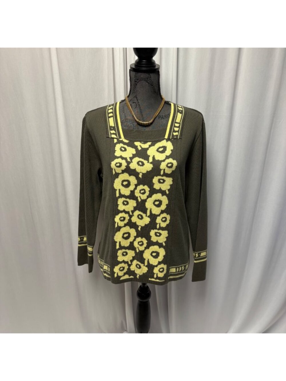 Skovhuus Sweater Womens Size Large Olive Green Yellow Floral Danish Knitwear